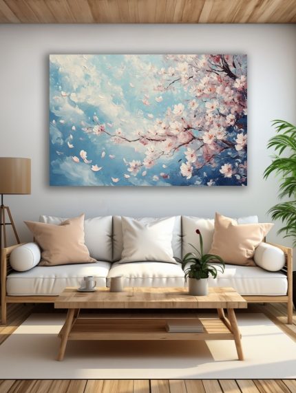 Žydinčios sakuros svajonė paveikslas šviesioje modernioje svetainėje su balta sofa ir natūralaus medžio interjeru