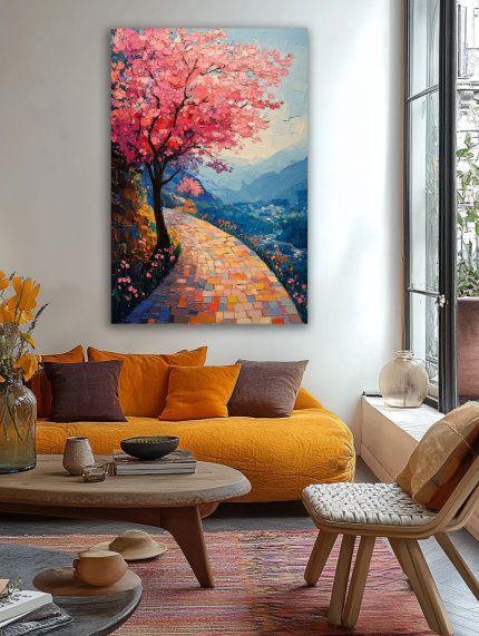 Pavasario kelias tarp žydinčių vyšnių paveikslas jaukioje bohemiško stiliaus svetainėje su geltona sofa ir rudens akcentais