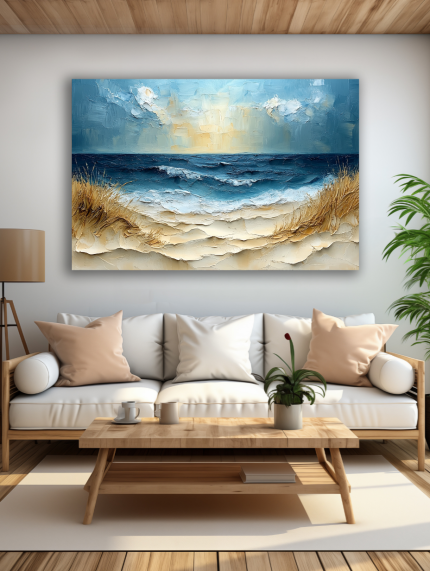 Vėjo pakrantė paveikslas šviesioje modernioje svetainėje su balta sofa ir natūralaus medžio interjeru