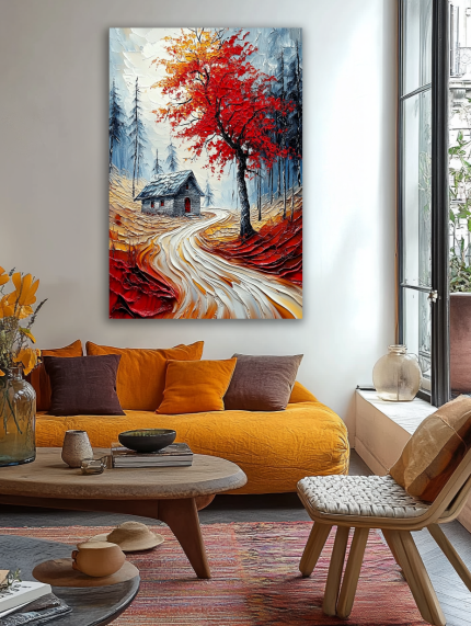 Rudeninis kelias į miško trobelę paveikslas jaukioje bohemiško stiliaus svetainėje su geltona sofa ir rudens akcentais
