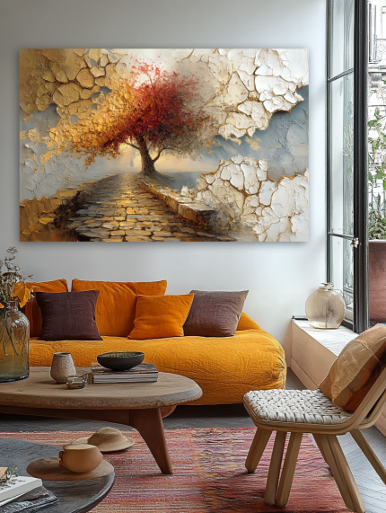Aukso takas rudens rytą paveikslas jaukioje bohemiško stiliaus svetainėje su geltona sofa ir rudens akcentais