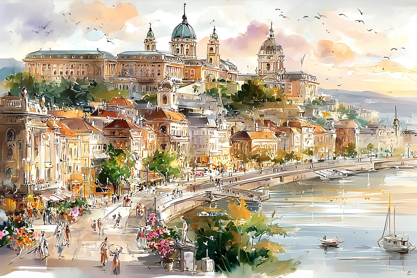 omantiškas miestas prie upės – paveikslas ant drobės Romantiškas miesto peizažas su senamiesčio architektūra ir upe saulėlydžio fone – paveikslas ant drobės