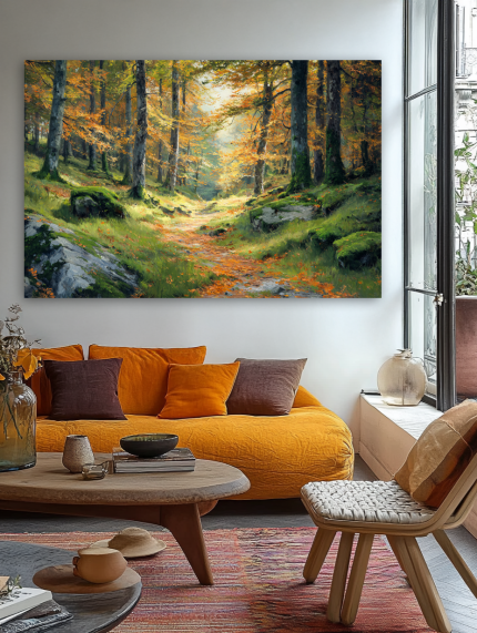 Rudens miško takas paveikslas jaukioje bohemiško stiliaus svetainėje su geltona sofa ir rudens akcentais