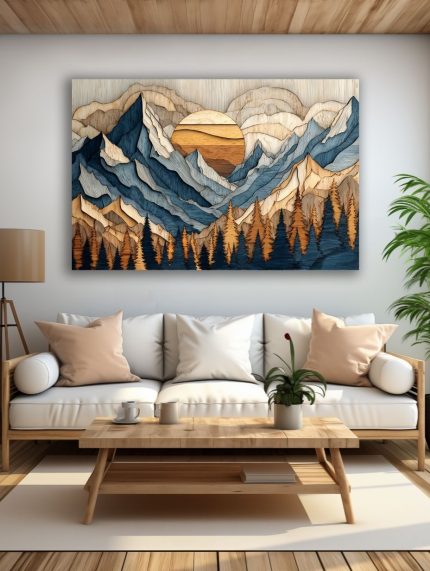 Medžio reljefo kalnų peizažas su saule paveikslas šviesioje modernioje svetainėje su balta sofa ir natūralaus medžio interjeru