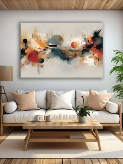 Geometrinė Spalvų Sintezė paveikslas šviesioje modernioje svetainėje su balta sofa ir natūralaus medžio interjeru