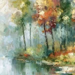 Rudens miško peizažas su spalvingais medžiais ir vandens atspindžiais impresionistinio stiliaus paveiksle.