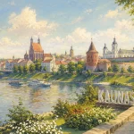 Meninė Kauno miesto panorama su senamiesčio architektūra, Nemuno pakrante ir istoriniais bokštais saulėtą dieną