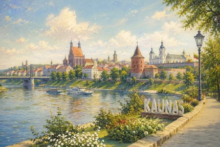 Meninė Kauno miesto panorama su senamiesčio architektūra, Nemuno pakrante ir istoriniais bokštais saulėtą dieną
