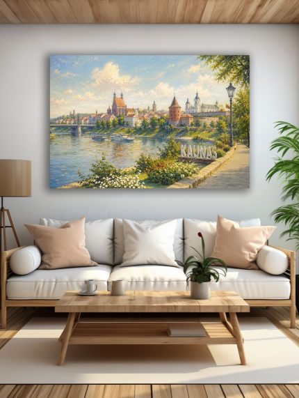 Kauno miesto panoramos paveikslas virš baltos sofos šviesiame moderniame interjere