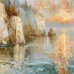 Abstraktus pajūrio uolų paveikslas su švelniomis pastelinių spalvų jūros ir saulėlydžio refleksijomis.
