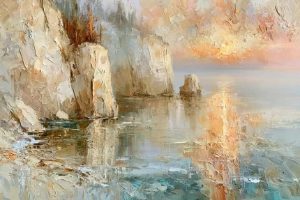 Abstraktus pajūrio uolų paveikslas su švelniomis pastelinių spalvų jūros ir saulėlydžio refleksijomis.