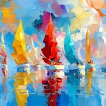 Spalvingų burių regata ramioje jūroje su ryškiais vandens atspindžiais