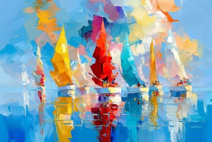 Spalvingų burių regata ramioje jūroje su ryškiais vandens atspindžiais
