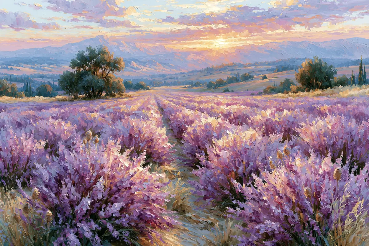 Levandų lauko paveikslas ant drobės su kalnais ir saulėlydžio šviesa horizonte.
