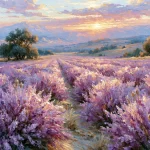 Levandų lauko paveikslas ant drobės su kalnais ir saulėlydžio šviesa horizonte.
