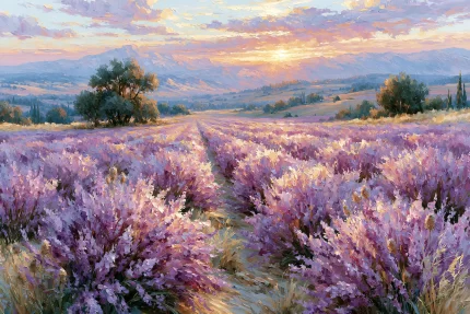 Levandų lauko paveikslas ant drobės su kalnais ir saulėlydžio šviesa horizonte.