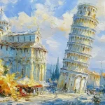 Ekspresyvus Pizos pasvirusio bokšto drobės paveikslas su istorine architektūra ir saulėtu Italijos miesto peizažu.
