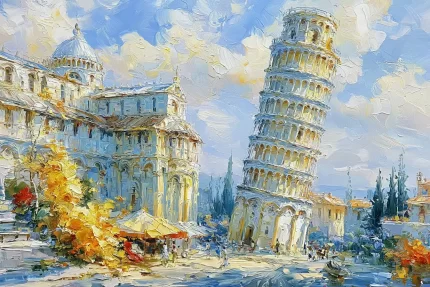 Ekspresyvus Pizos pasvirusio bokšto drobės paveikslas su istorine architektūra ir saulėtu Italijos miesto peizažu.