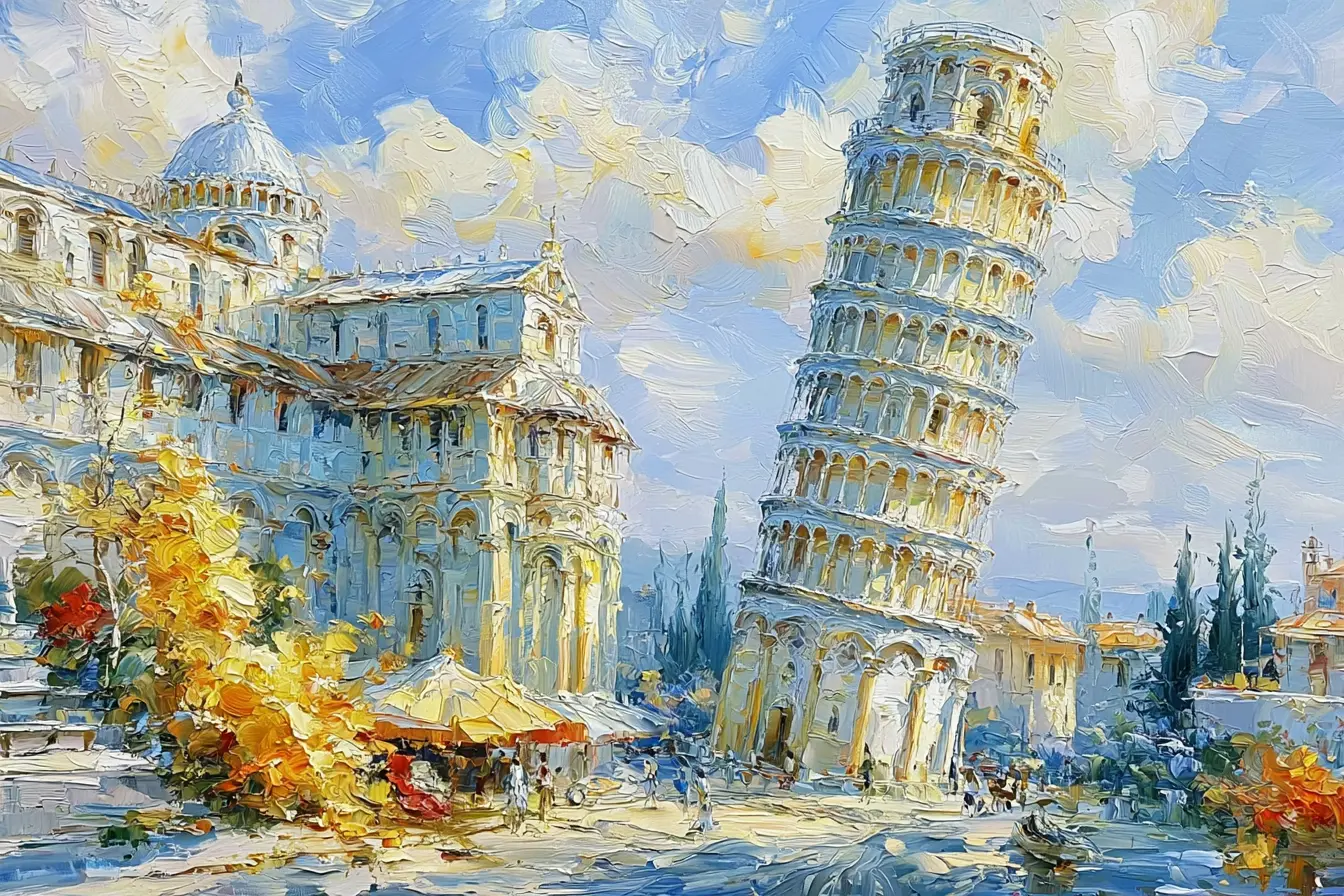 Pasvirusio Bokšto Elegancija Ekspresyvus Pizos pasvirusio bokšto drobės paveikslas su istorine architektūra ir saulėtu Italijos miesto peizažu.