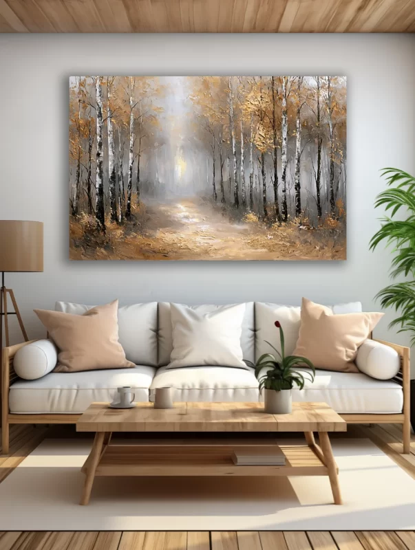 Rudens beržyno paveikslas ant drobės šviesioje modernioje svetainėje su balta sofa ir medžio detalėmis