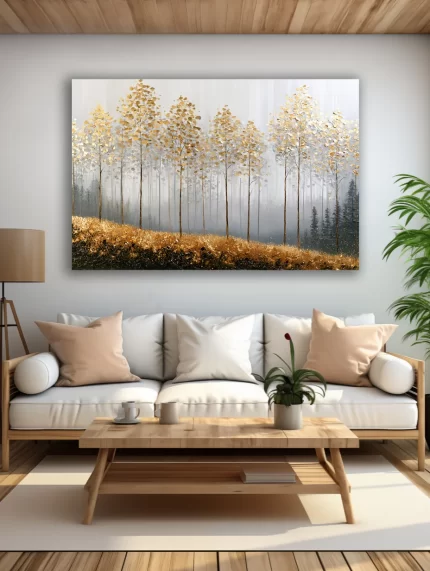 Auksinių lapų miško paveikslas ant drobės šviesioje modernioje svetainėje su balta sofa ir medžio detalėmis