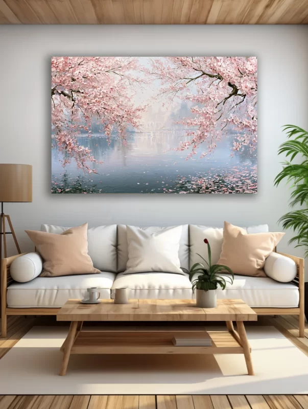 Rausvų pavasario žiedų paveikslas ant drobės šviesioje svetainėje su balta sofa