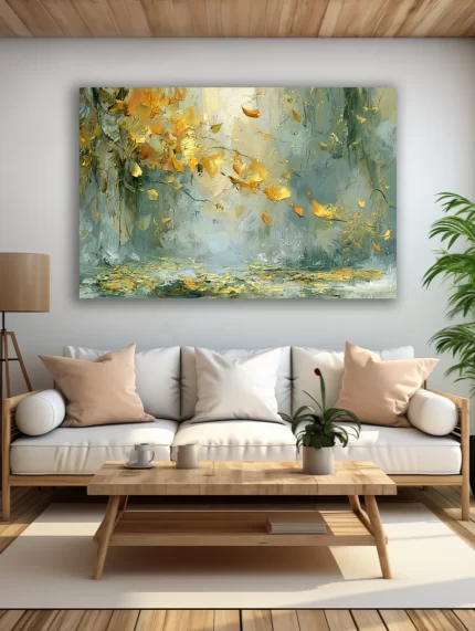 Rudens lapų paveikslas ant drobės šviesioje modernioje svetainėje su balta sofa ir medžio detalėmis