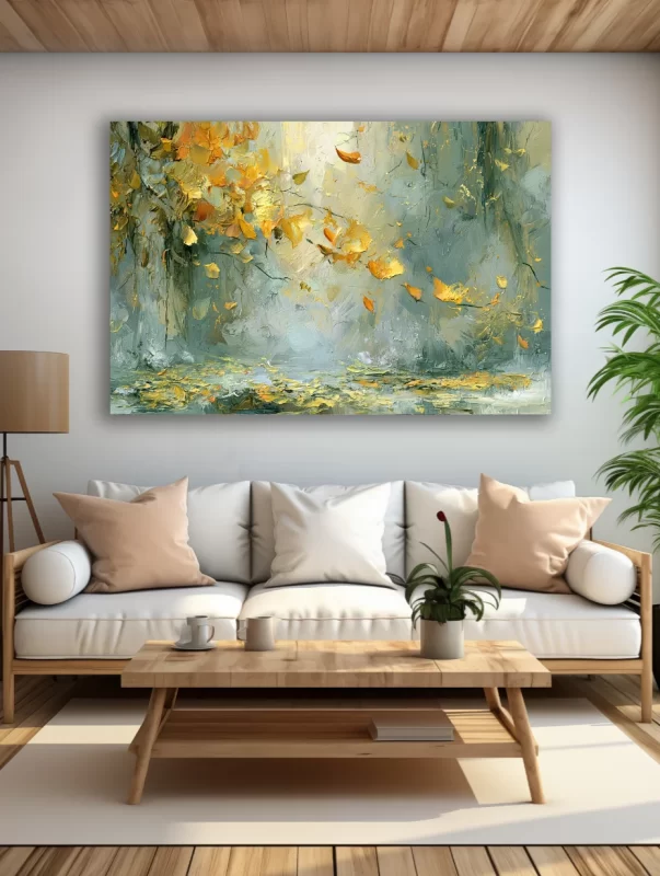 Rudens lapų paveikslas ant drobės šviesioje modernioje svetainėje su balta sofa ir medžio detalėmis