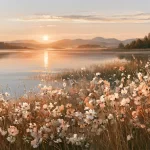 Saulėlydis virš ramaus ežero su kalnais ir žydinčiomis gėlėmis pakrantėje