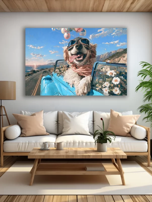 Linksmo šuns paveikslas ant drobės šviesioje modernioje svetainėje su balta sofa ir medžio detalėmis