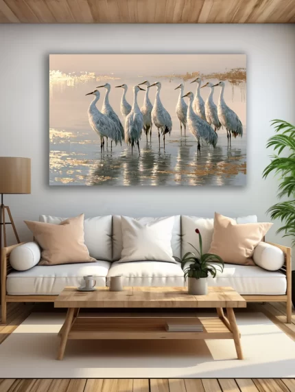 Gervių paveikslas ant drobės šviesioje modernioje svetainėje su balta sofa ir medžio detalėmis