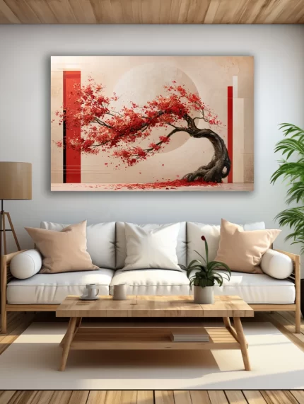 Raudonais žiedais žydinčio medžio paveikslas ant drobės šviesioje modernioje svetainėje su balta sofa ir medžio detalėmis