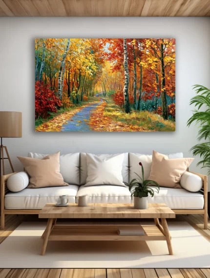 Rudens miško paveikslas ant drobės šviesioje modernioje svetainėje su balta sofa ir medžio detalėmis