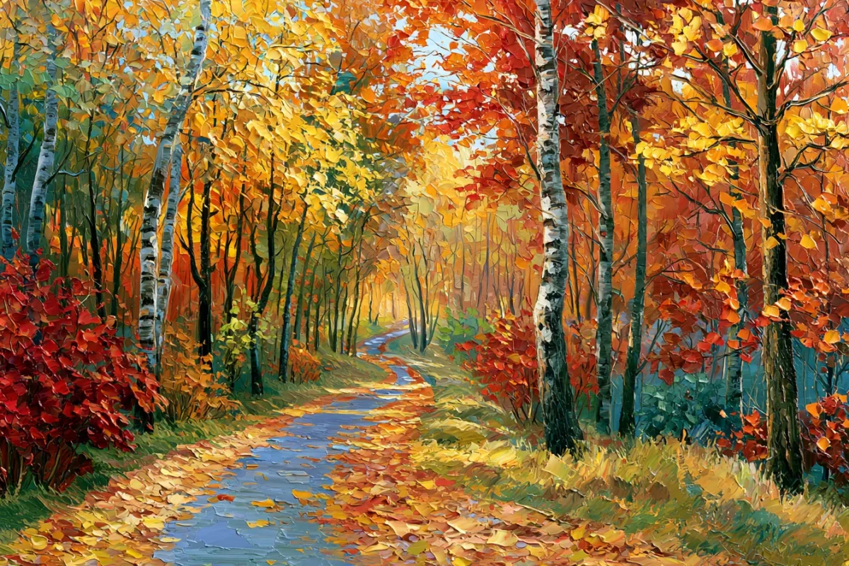 Rudens miško takas tarp beržų ir medžių su geltonais, oranžiniais bei raudonais lapais