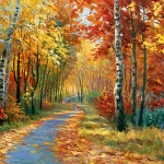 Rudens miško takas tarp beržų ir medžių su geltonais, oranžiniais bei raudonais lapais