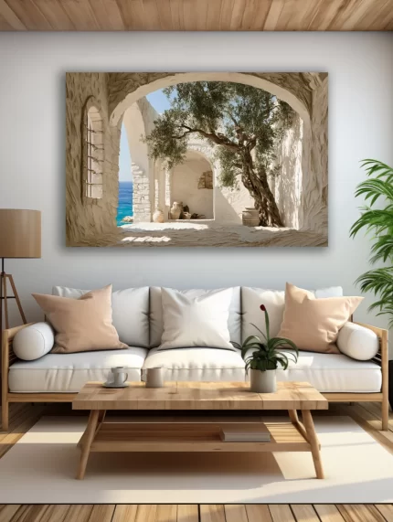Viduržemio jūros kiemelio paveikslas ant drobės šviesioje modernioje svetainėje su balta sofa