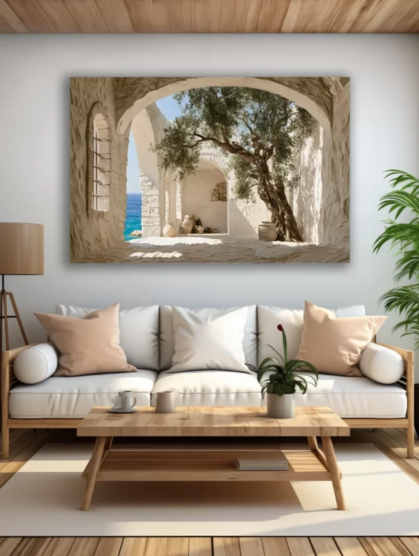 Viduržemio jūros kiemelio paveikslas ant drobės šviesioje modernioje svetainėje su balta sofa