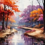 Spalvingas rudens miško peizažas su oranžiniais ir violetiniais medžiais, vandens atspindžiais ir dviem žmonėmis pakrantės take.