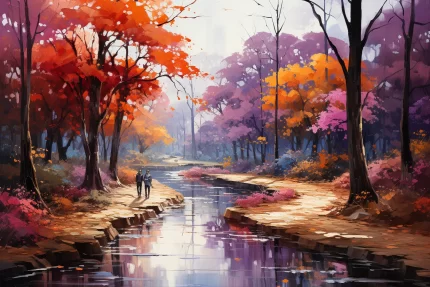 Spalvingas rudens miško peizažas su oranžiniais ir violetiniais medžiais, vandens atspindžiais ir dviem žmonėmis pakrantės take.