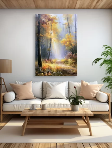 Rudens miško paveikslas ant drobės šviesioje modernioje svetainėje su balta sofa ir medžio detalėmis