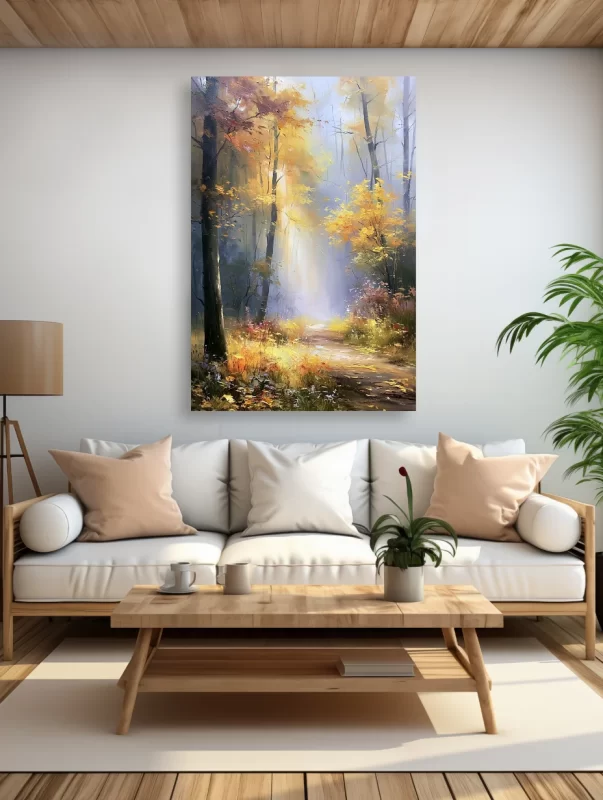 Rudens miško paveikslas ant drobės šviesioje modernioje svetainėje su balta sofa ir medžio detalėmis